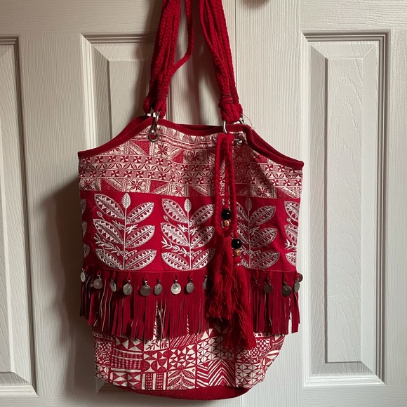 Handbags - Boho Red Cotton Enbroidered Bag with Coin Detailing